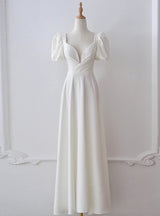 White Satin Square Puff Sleeve Pearls Wedding Dress