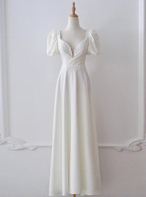 White Satin Square Puff Sleeve Pearls Wedding Dress
