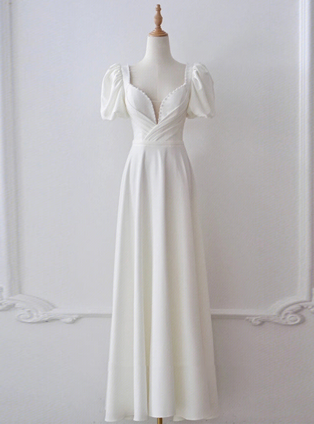 White Satin Square Puff Sleeve Pearls Wedding Dress