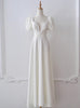White Satin Square Puff Sleeve Pearls Wedding Dress
