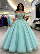 Blue Tulle Straps Appliques Quinceanera Dress