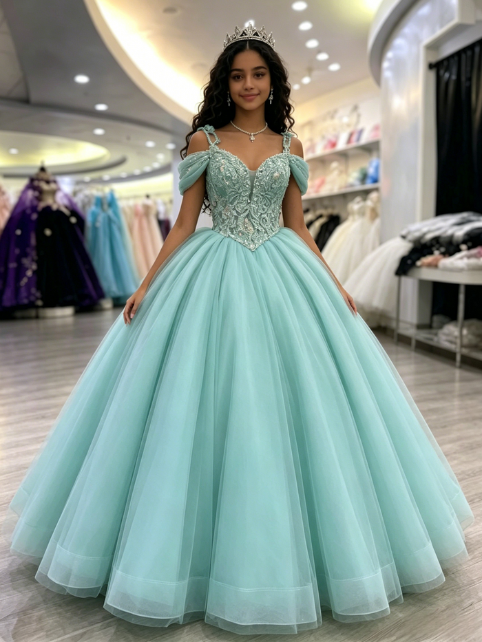 Blue Tulle Straps Appliques Quinceanera Dress