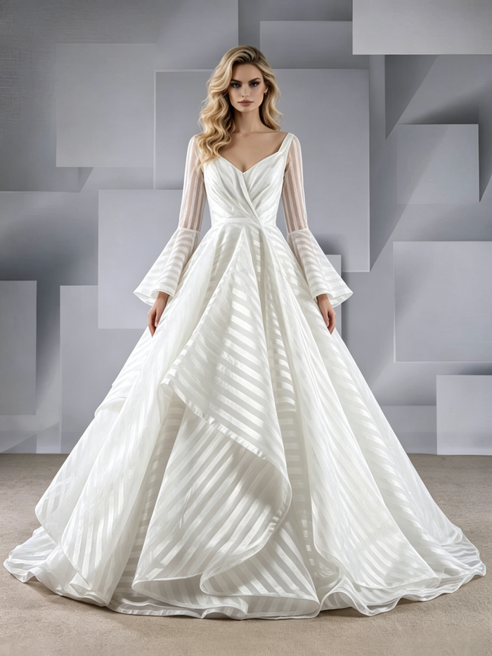 White Long Sleeve Square Neck Wedding Dress