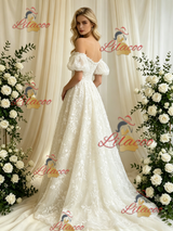 Ivory Lace Off the Shoulder Lace Puff Sleeve Wedding Dress