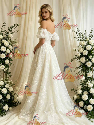Ivory Lace Off the Shoulder Lace Puff Sleeve Wedding Dress