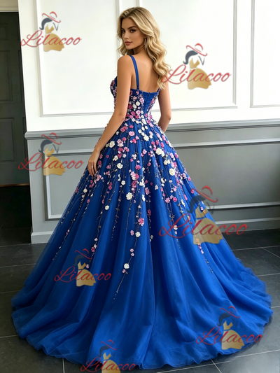 Blue Tulle Straps Appliques Prom Dress