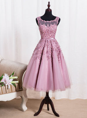 Pink Tulle Appliques Pearls Homecoming Dress