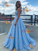 Blue Lace Straps Prom Dress