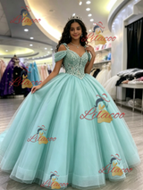 Blue Tulle Straps Appliques Quinceanera Dress