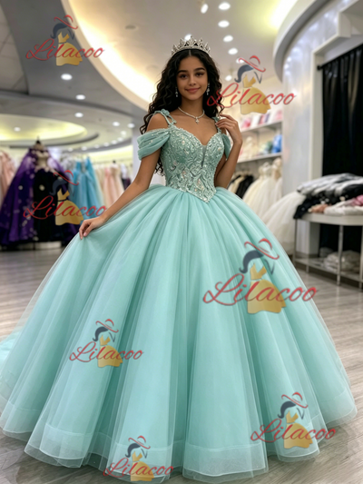 Blue Tulle Straps Appliques Quinceanera Dress