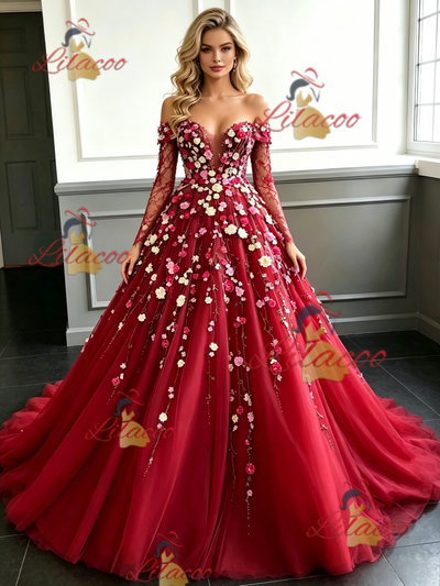 Red Tulle Long Sleeve Appliques Prom Dress