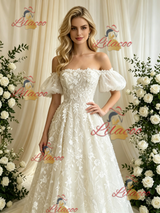 Ivory Lace Off the Shoulder Lace Puff Sleeve Wedding Dress