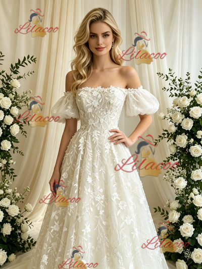 Ivory Lace Off the Shoulder Lace Puff Sleeve Wedding Dress