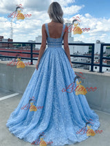 Blue Lace Straps Prom Dress