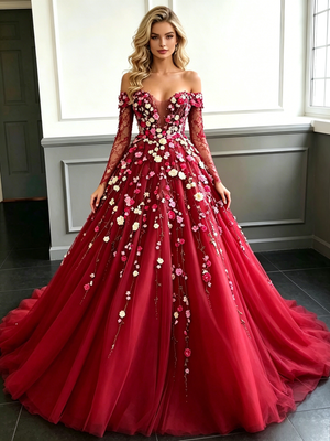 Red Tulle Long Sleeve Appliques Prom Dress