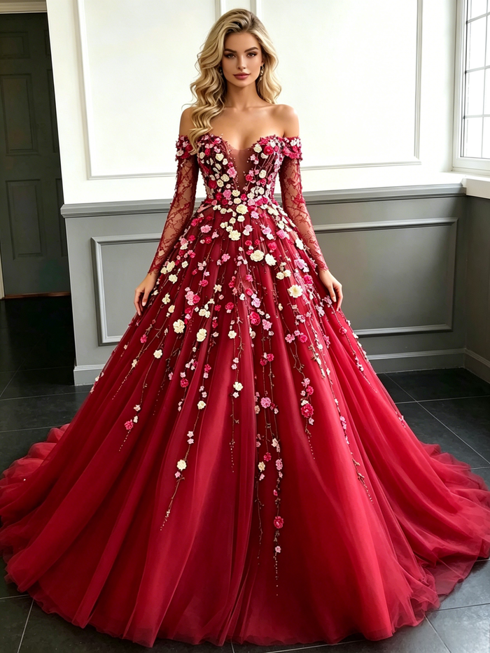 Red Tulle Long Sleeve Appliques Prom Dress