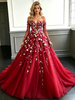Red Tulle Long Sleeve Appliques Prom Dress