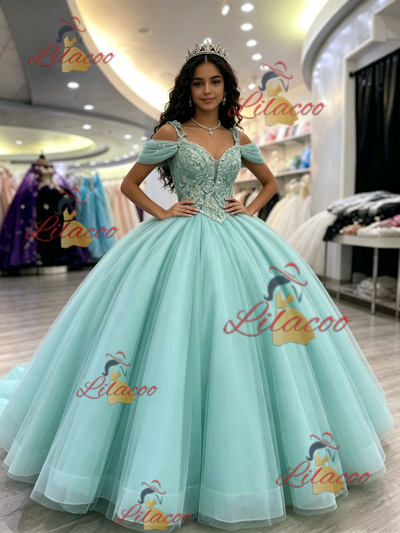 Blue Tulle Straps Appliques Quinceanera Dress