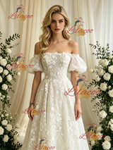 Ivory Lace Off the Shoulder Lace Puff Sleeve Wedding Dress