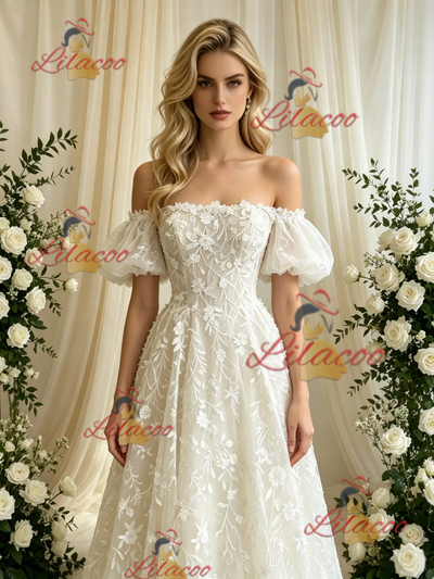 Ivory Lace Off the Shoulder Lace Puff Sleeve Wedding Dress