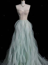 Green Tulle Sequins Strapless Prom Dress