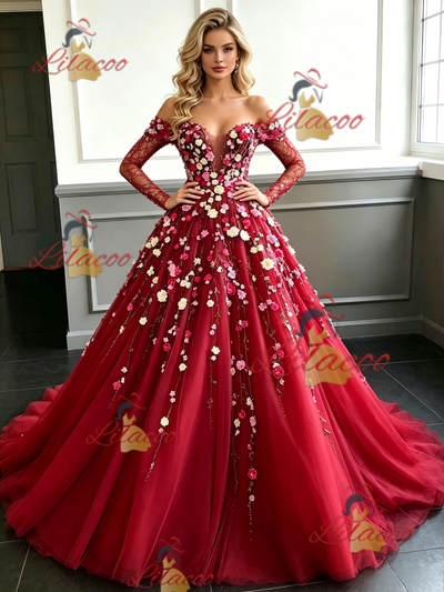 Red Tulle Long Sleeve Appliques Prom Dress