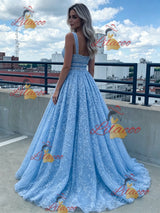 Blue Lace Straps Prom Dress