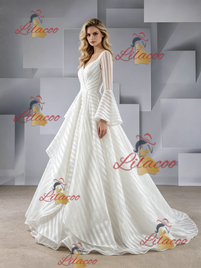 White Long Sleeve Square Neck Wedding Dress