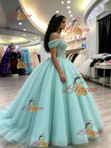 Blue Tulle Straps Appliques Quinceanera Dress