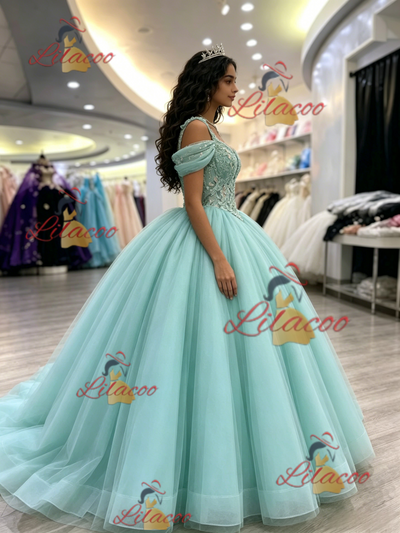 Blue Tulle Straps Appliques Quinceanera Dress