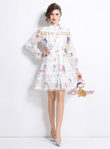 Palace Style Stand-up Breasted Printed Dress