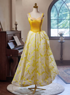 Yellow Print Straps Prom Dress