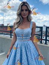 Blue Lace Straps Prom Dress