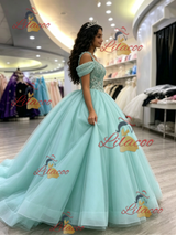 Blue Tulle Straps Appliques Quinceanera Dress