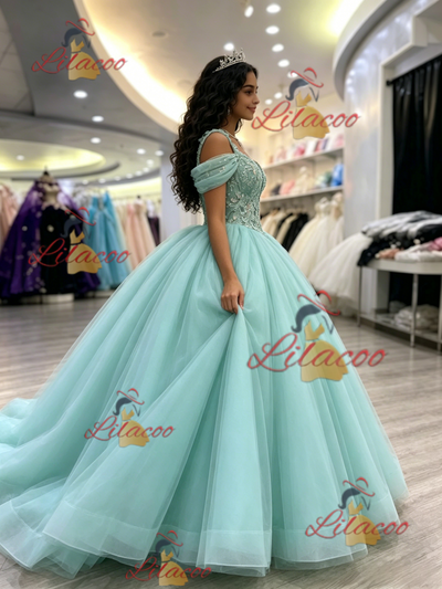Blue Tulle Straps Appliques Quinceanera Dress