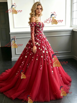 Red Tulle Long Sleeve Appliques Prom Dress