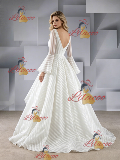 White Long Sleeve Square Neck Wedding Dress