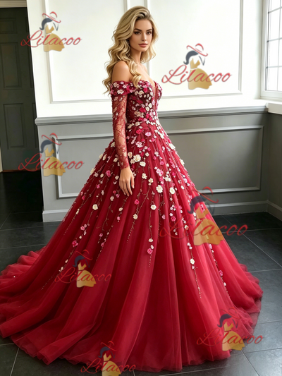 Red Tulle Long Sleeve Appliques Prom Dress