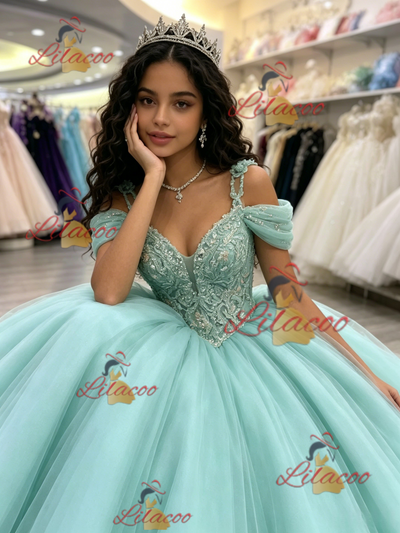 Blue Tulle Straps Appliques Quinceanera Dress