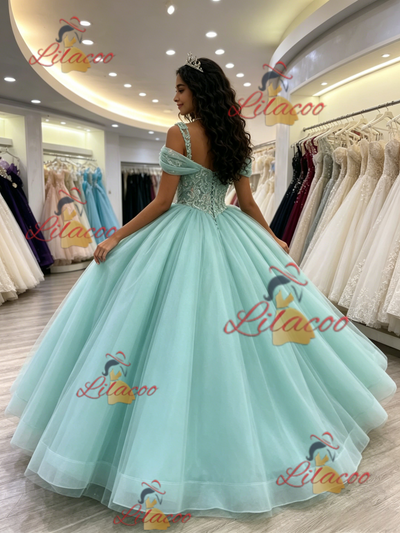 Blue Tulle Straps Appliques Quinceanera Dress