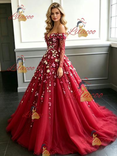 Red Tulle Long Sleeve Appliques Prom Dress