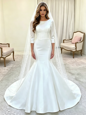 White Mermaid Satin Short Sleeve Wedding Dress