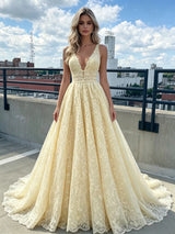 Yellow Tulle Lace Straps Prom Dress