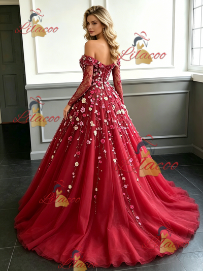 Red Tulle Long Sleeve Appliques Prom Dress