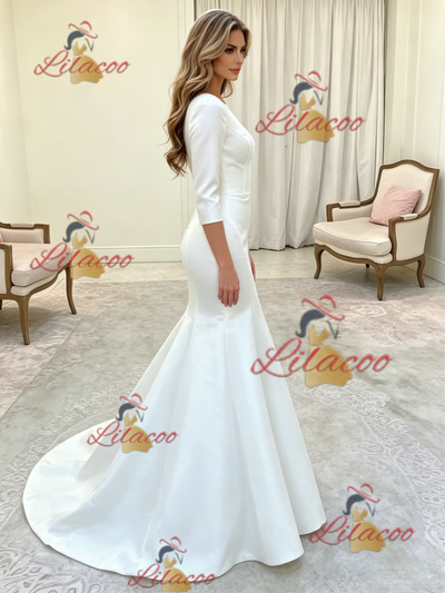 White Mermaid Satin Short Sleeve Wedding Dress