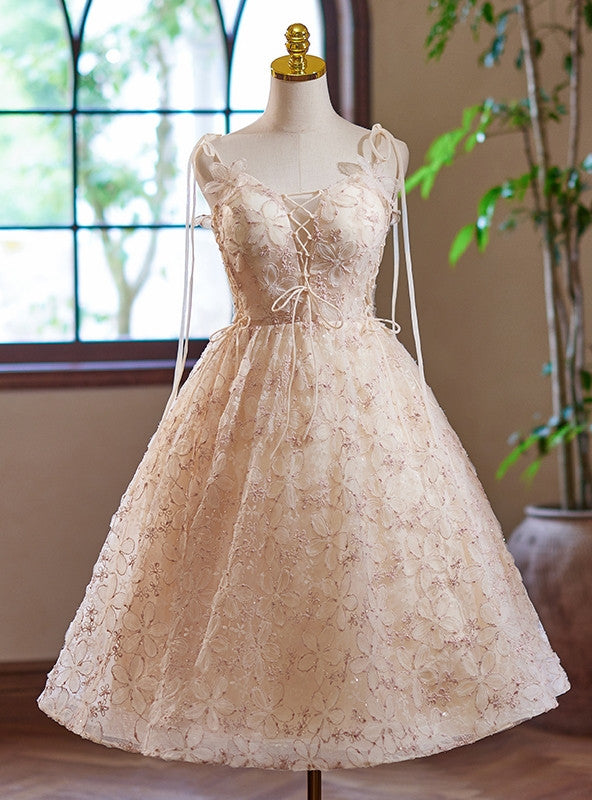 Champagne Lace Straps Homecoming Dress
