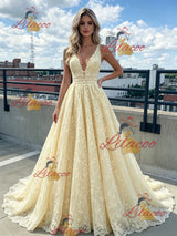 Yellow Tulle Lace Straps Prom Dress