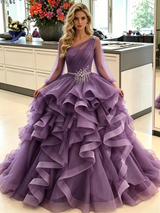 Purple Tulle Long Sleeve Pleats Prom Dress