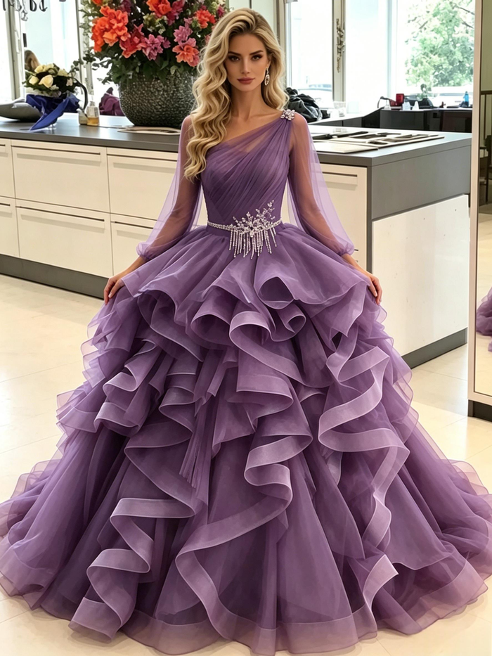 Purple Tulle Long Sleeve Pleats Prom Dress