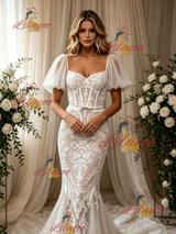 White Mermaid Lace Puff Sleeve Wedding Dress